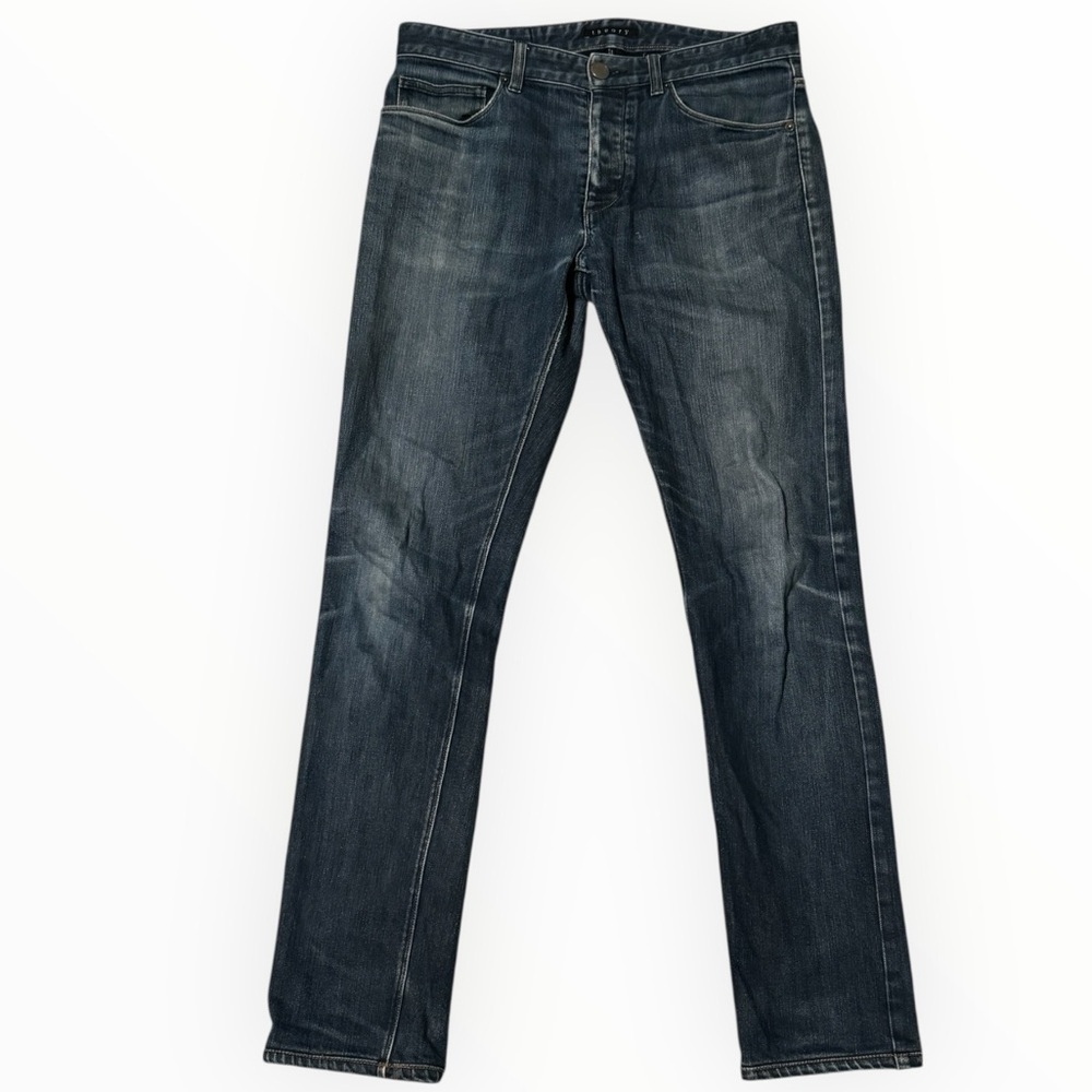 THEORY Dark Blue Distressed Straight Leg Jeans 31  Mid Rise Designer Luxury